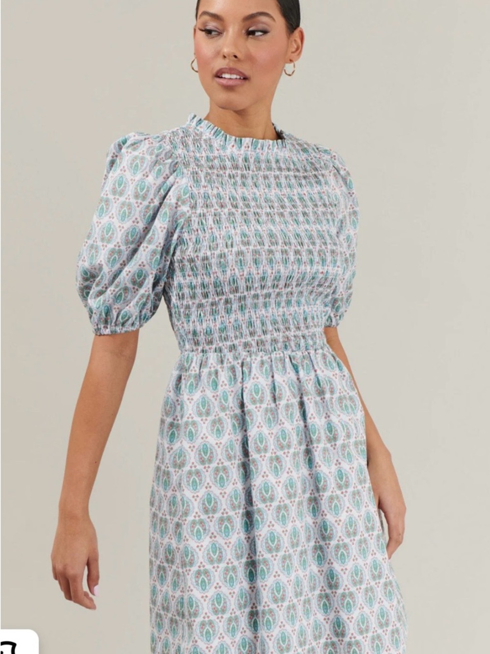 Wear Once Smocked Puff-Sleeve Midi Dress in Aqua Paisley